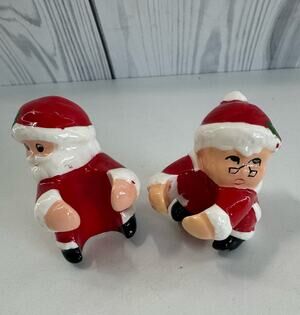 Vtg Mr & Mrs Santa Claus Ceramic Pillar Candle Hugger Holders MCM 2.0” Tall